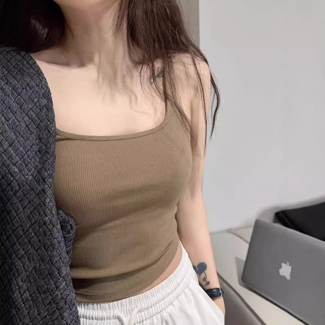 螺纹小方领显胸显腰细自带胸垫吊带背心女内搭bra防走光内衣打底