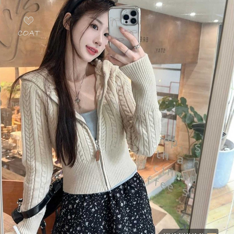 乐丁~连帽麻花针织衫韩版气质老钱风北极绒厚实毛衣外套上开衫